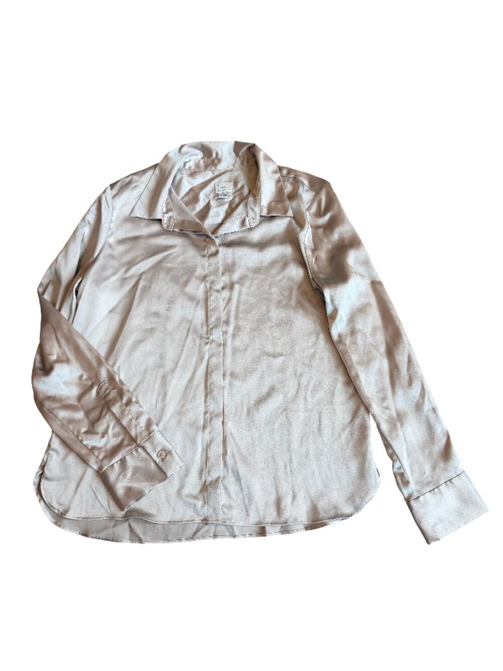 A New Day Champagne Satin Button Down Shirt Blouse Long Sleeve Medium Women's